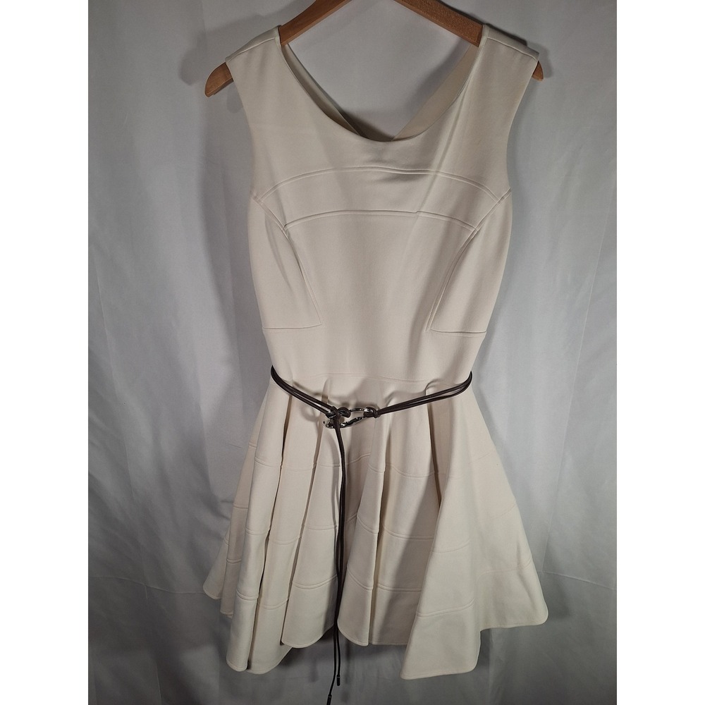 Gianni Versace Ivory Sleeveless Fit Flare Pleated Dress with Belt Size 46 IT